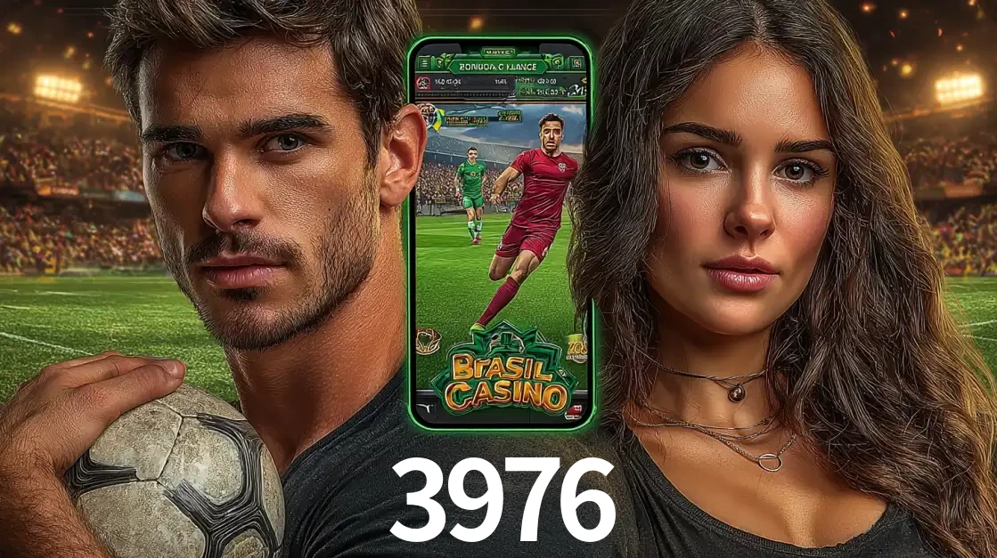 Homem segurando uma bola de futebol e uma mulher ao lado de um smartphone exibindo o jogo de apostas esportivas da 3976. Faça seu palpite no cassino online.